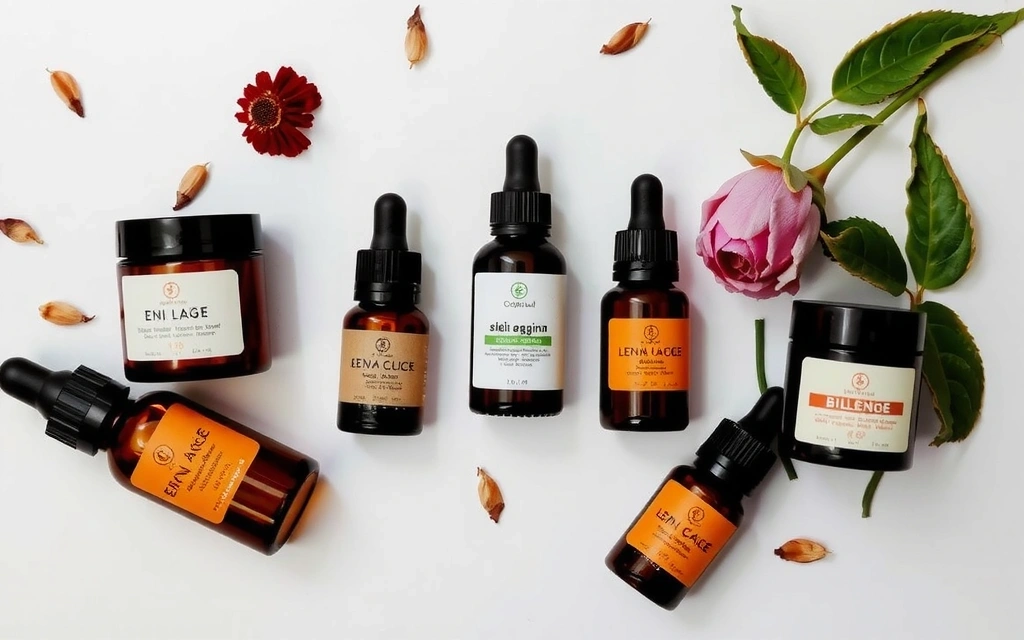 A collection of natural beauty products, such as essential oils, botanical serums, and organic creams on a wooden surface.
