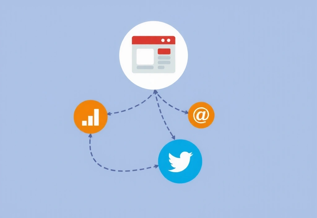 Illustration of interconnected third-party services represented by different logos linking to a central website icon