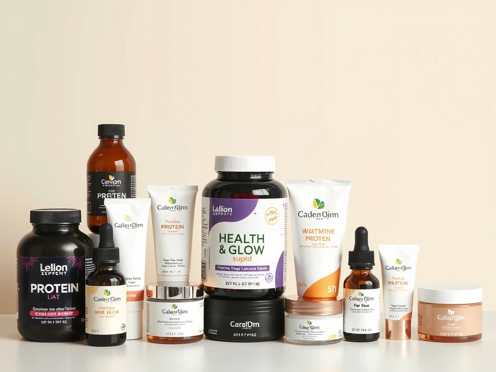 Assortment of Healthandglowhungaryvb & Glow products, including supplements and skincare items, arranged aesthetically on a clean, bright background to showcase variety and quality.